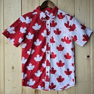Eh! Canadian Maple Leaf Red White Print Button Up Shirt Boys Medium 10-12